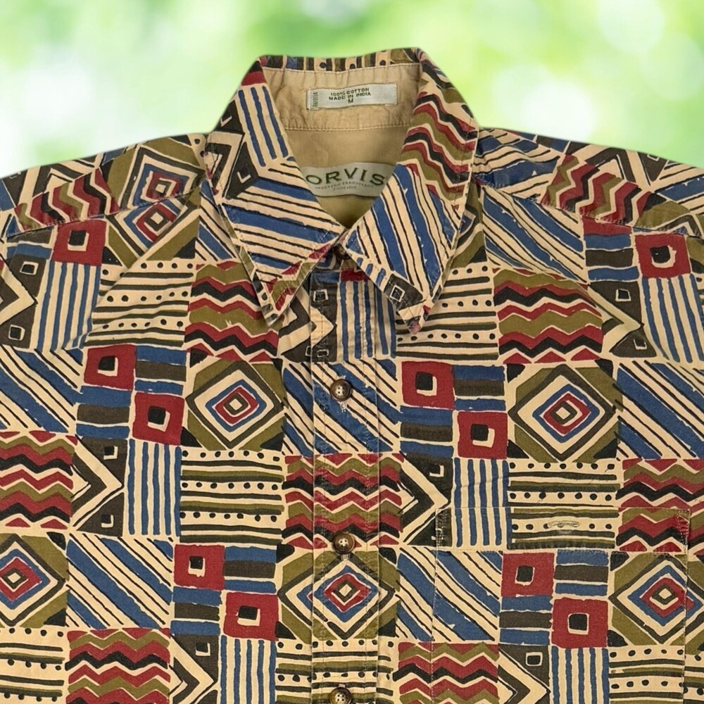 Vintage Y2K ORVIS Tapa Geometric Shirt Short Sleeve 100% Cotton Hawaiian Size M